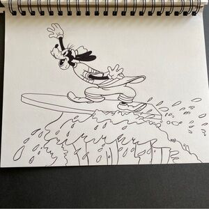 Surfing Goofy Drawing Disney Illustration Black Ink 11 x 7.75” Wave Surfboard